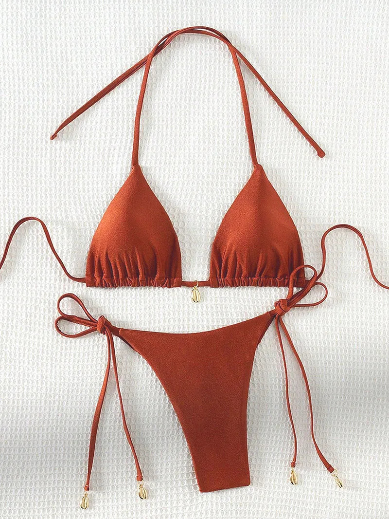 2 Pcs/Set Bikini Set Sexy Bikinis 2025 Bathing Suit Solid Color Halter Neck Strap Thong Women Swimsuit Set for Beach Swimwear