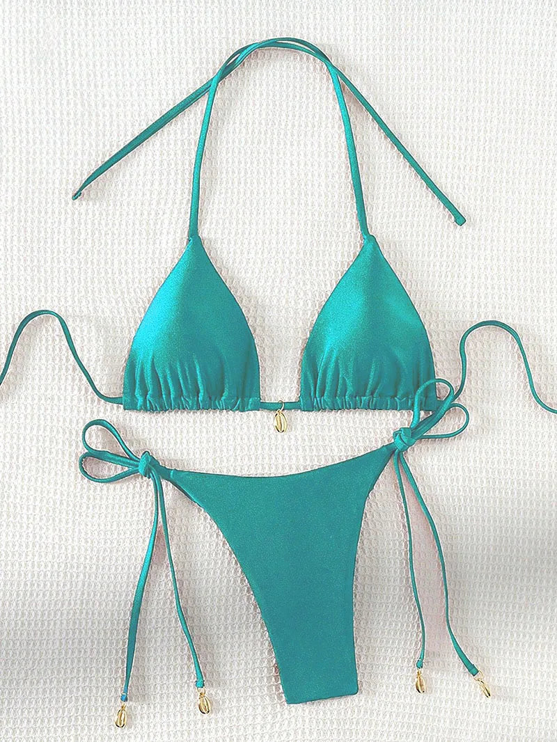 2 Pcs/Set Bikini Set Sexy Bikinis 2025 Bathing Suit Solid Color Halter Neck Strap Thong Women Swimsuit Set for Beach Swimwear