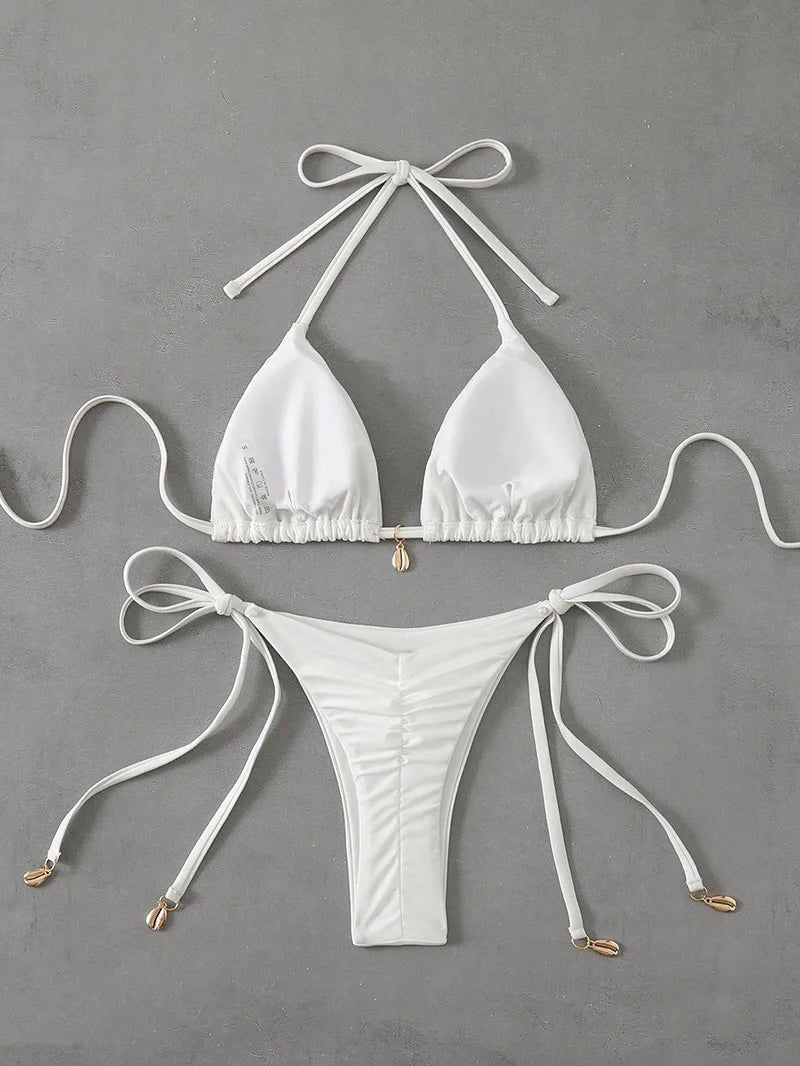 2 Pcs/Set Bikini Set Sexy Bikinis 2025 Bathing Suit Solid Color Halter Neck Strap Thong Women Swimsuit Set for Beach Swimwear