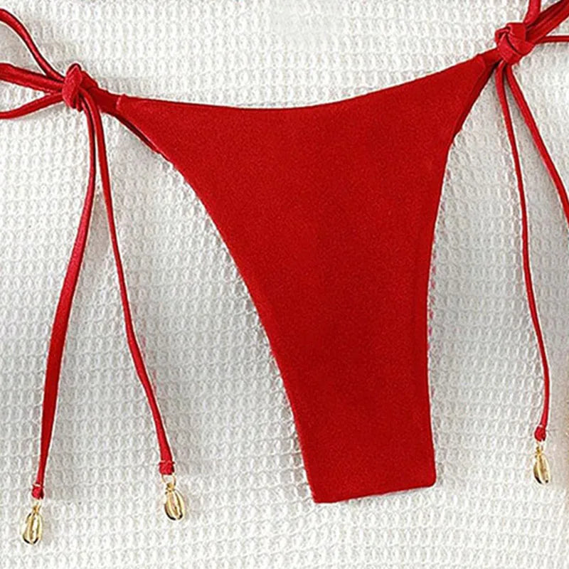 2 Pcs/Set Bikini Set Sexy Bikinis 2025 Bathing Suit Solid Color Halter Neck Strap Thong Women Swimsuit Set for Beach Swimwear