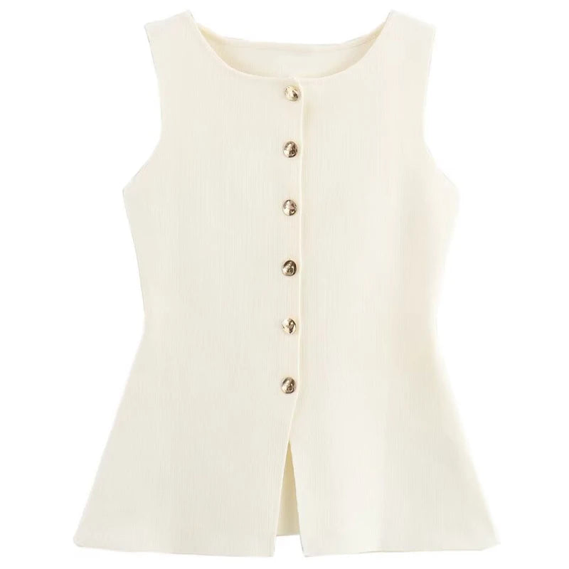 HXAO 2025 Women's Off White Knit Vest Cardigan Button Up Long Outerwears Sleeveless Vest Women Ladies Fashion Elegant Vest Women