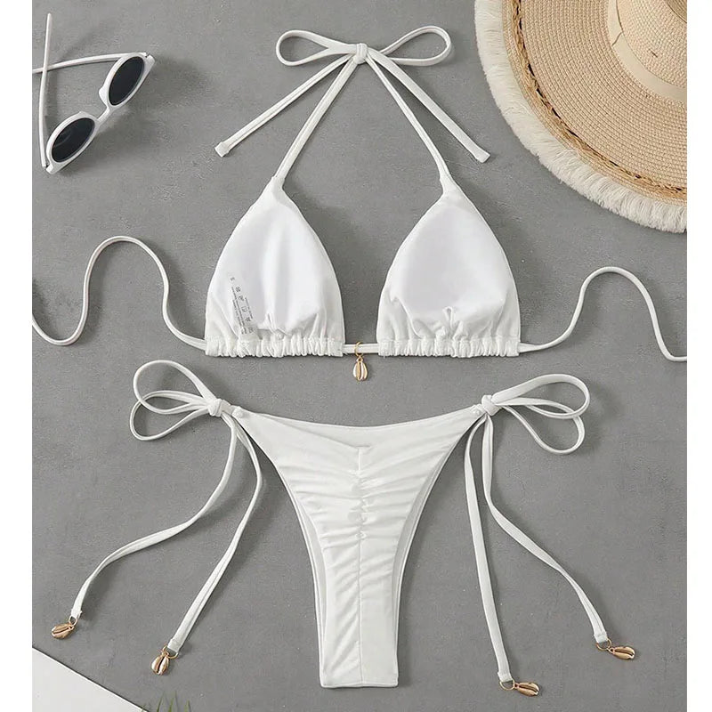 2 Pcs/Set Bikini Set Sexy Bikinis 2025 Bathing Suit Solid Color Halter Neck Strap Thong Women Swimsuit Set for Beach Swimwear