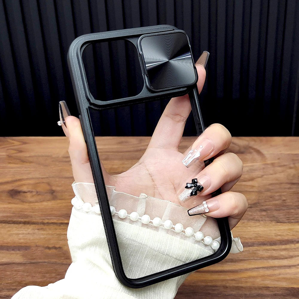 Luxury Slide Cap Camera Cover Case For iPhone 17 Air 16 15 14 13 12 Pro Max 16Pro Shockproof Transparent Clear Hard Full Cover