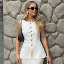 HXAO 2025 Women's Off White Knit Vest Cardigan Button Up Long Outerwears Sleeveless Vest Women Ladies Fashion Elegant Vest Women