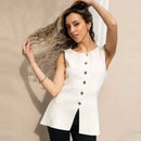 HXAO 2025 Women's Off White Knit Vest Cardigan Button Up Long Outerwears Sleeveless Vest Women Ladies Fashion Elegant Vest Women
