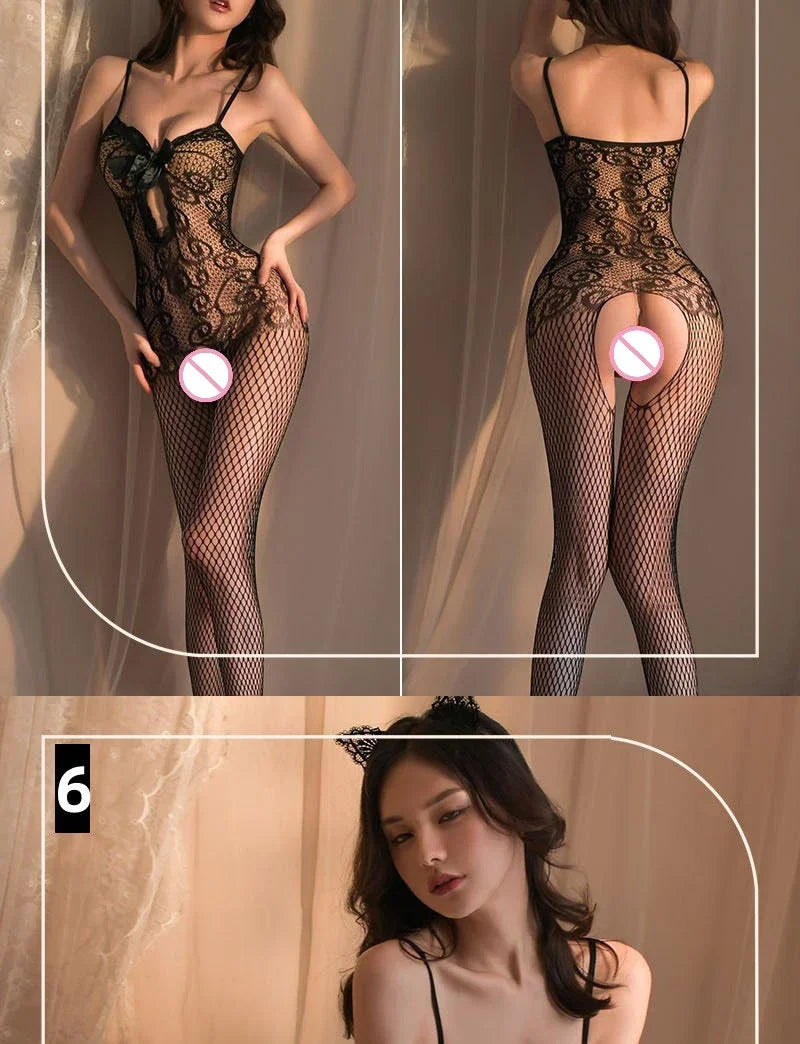 Transparent Fishnet Women Bodystockings Sexy Lingerie Open Crotch Hot Bodysuit Erotic Crotchless Sling Black Exotic Costumes