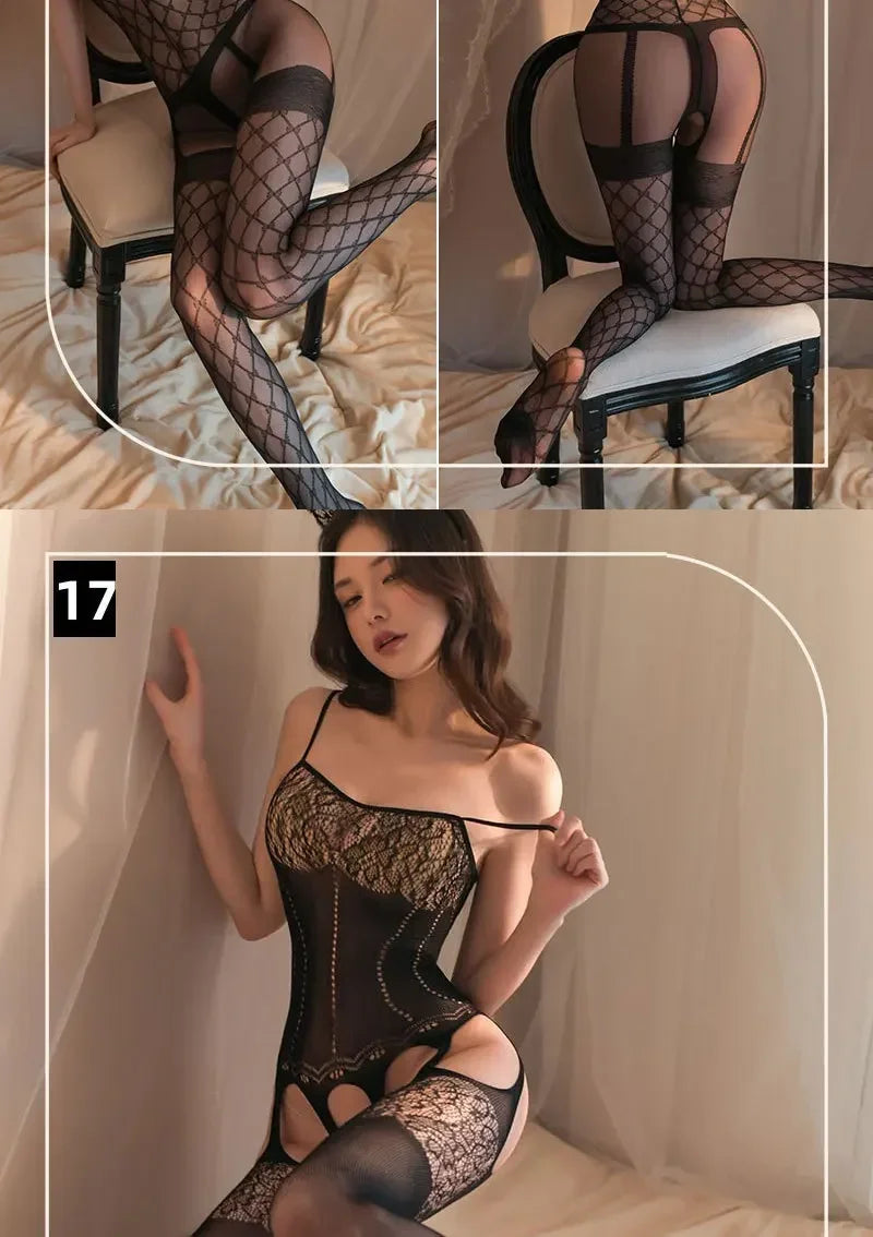 Transparent Fishnet Women Bodystockings Sexy Lingerie Open Crotch Hot Bodysuit Erotic Crotchless Sling Black Exotic Costumes
