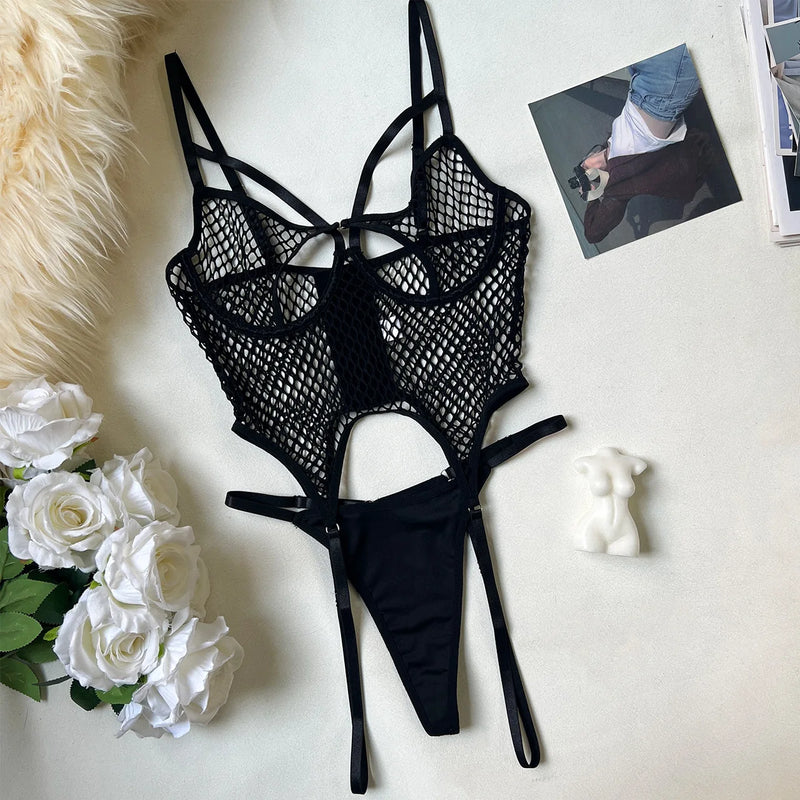 Ellolace Fishnet Erotic Lingerie Ultra Sexy Crotchless Daring Erotic Costume Mesh Transparent Bra Onlyfans Outfits Uncensored