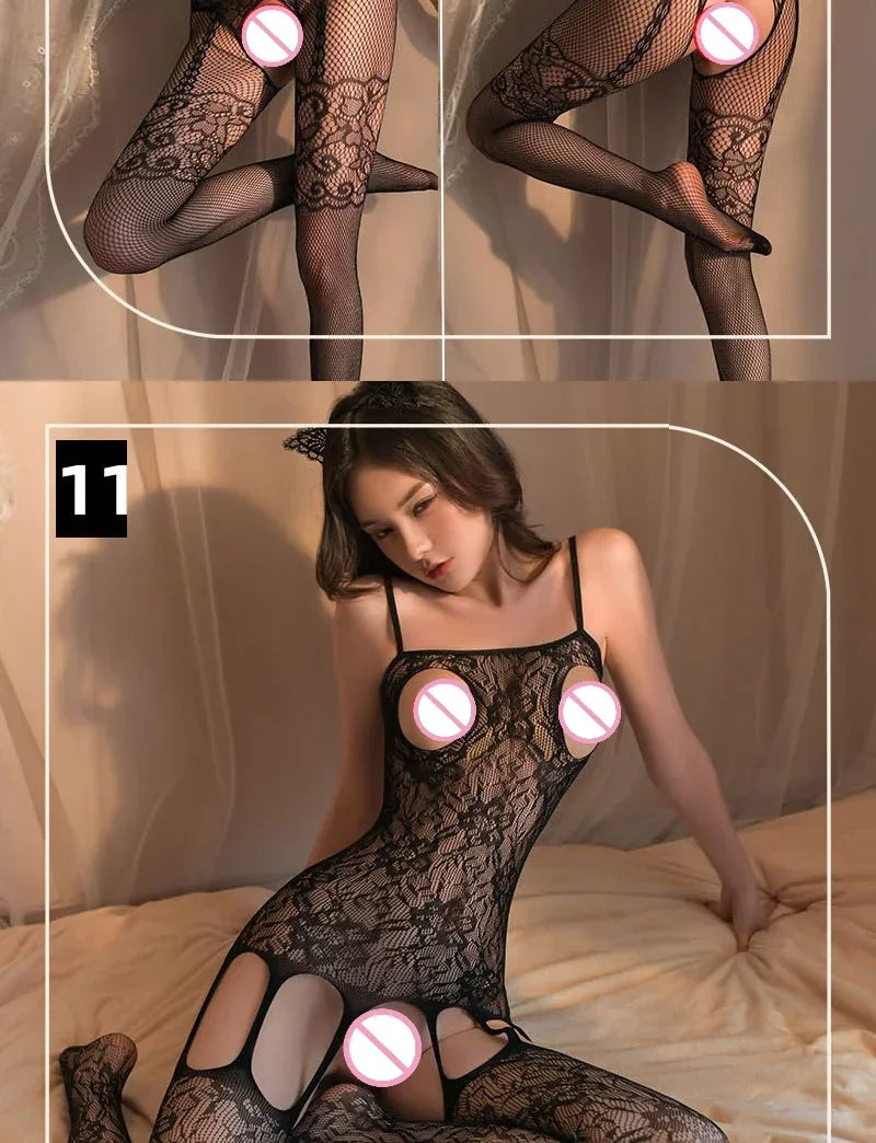 Transparent Fishnet Women Bodystockings Sexy Lingerie Open Crotch Hot Bodysuit Erotic Crotchless Sling Black Exotic Costumes