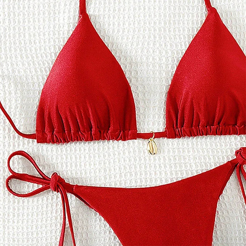 2 Pcs/Set Bikini Set Sexy Bikinis 2025 Bathing Suit Solid Color Halter Neck Strap Thong Women Swimsuit Set for Beach Swimwear