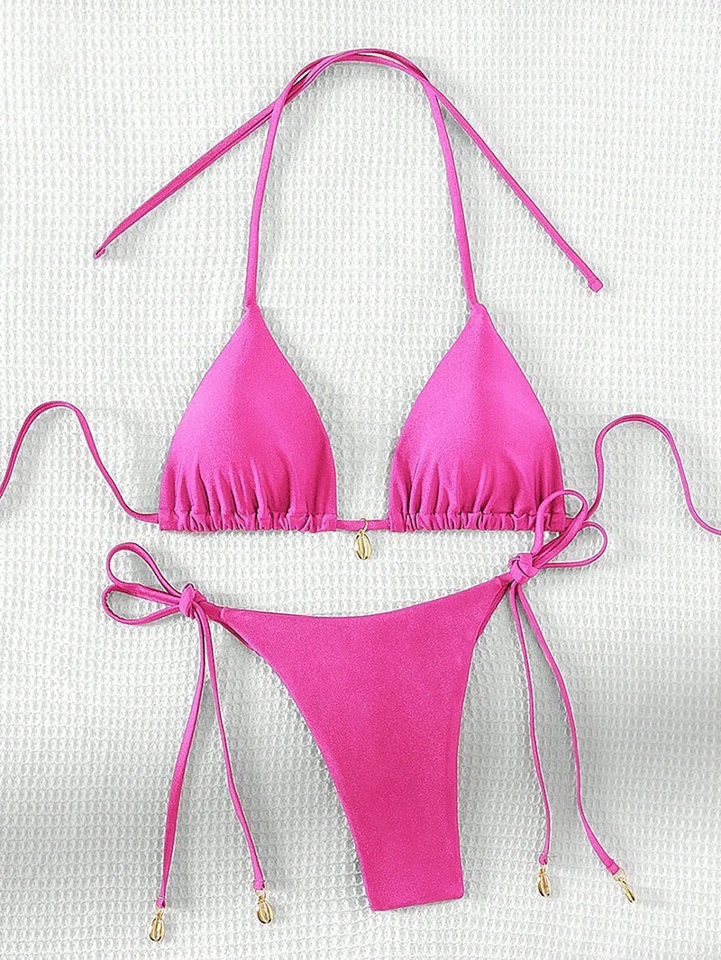 2 Pcs/Set Bikini Set Sexy Bikinis 2025 Bathing Suit Solid Color Halter Neck Strap Thong Women Swimsuit Set for Beach Swimwear