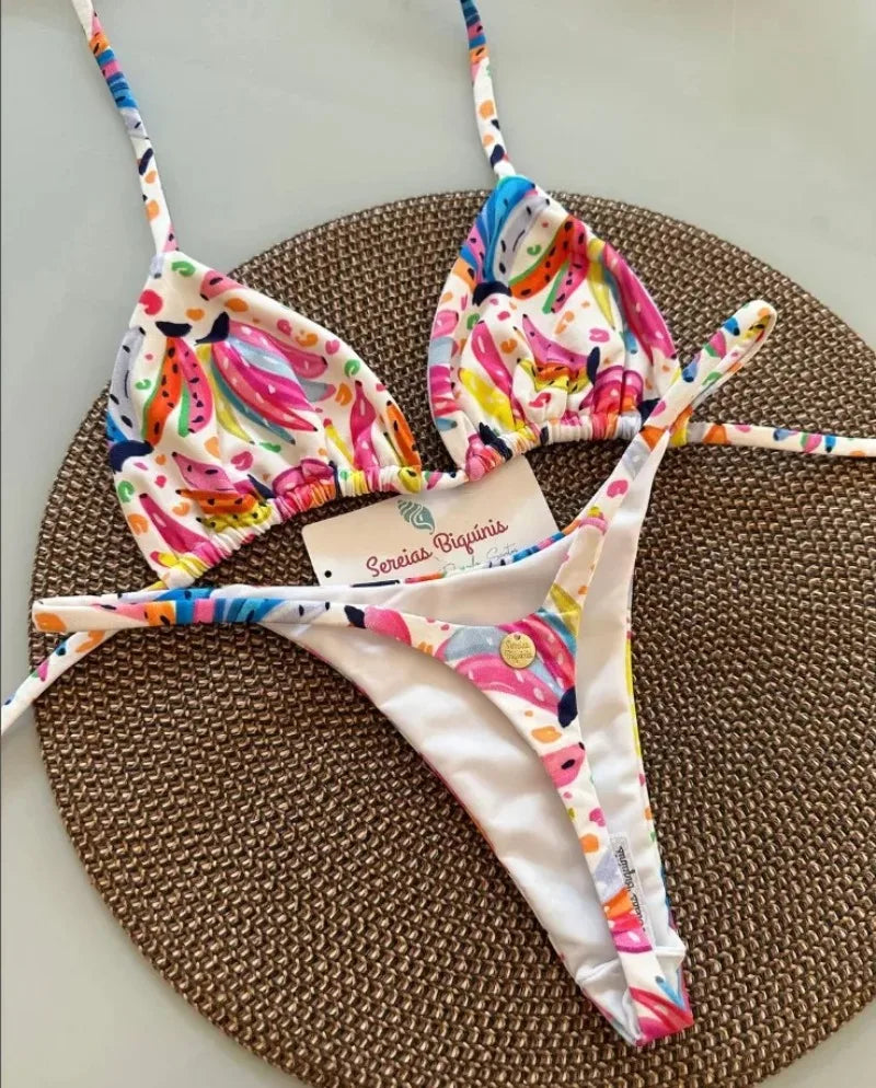 Print Sexy Bikini Sets Halter Lace-up Tops Thongs Beach Style Bathing Suit Y2k Swimsuits Women Beachwear Купальник Женский 2025