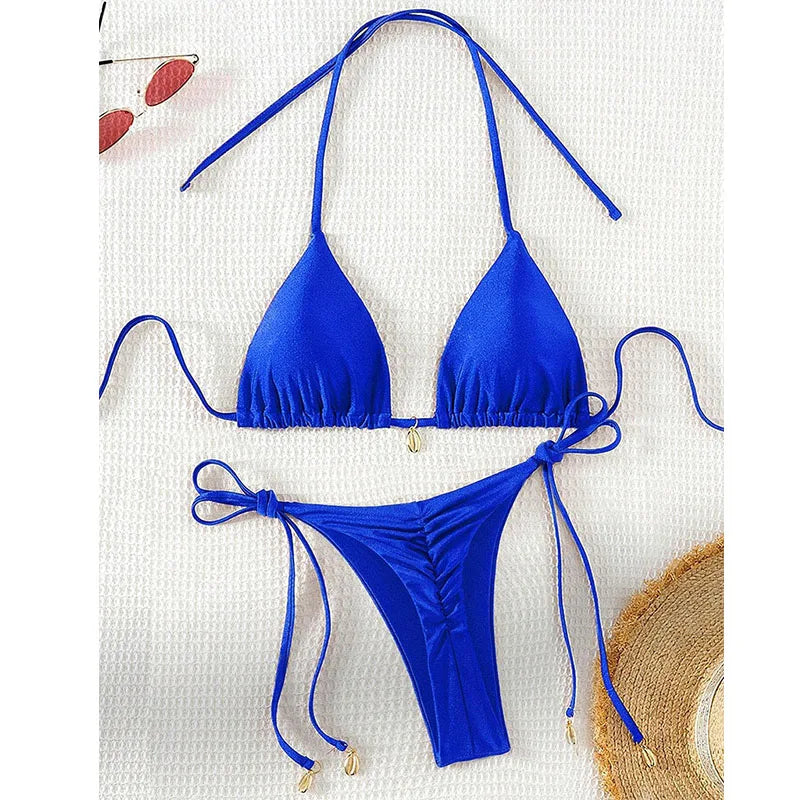 2 Pcs/Set Bikini Set Sexy Bikinis 2025 Bathing Suit Solid Color Halter Neck Strap Thong Women Swimsuit Set for Beach Swimwear
