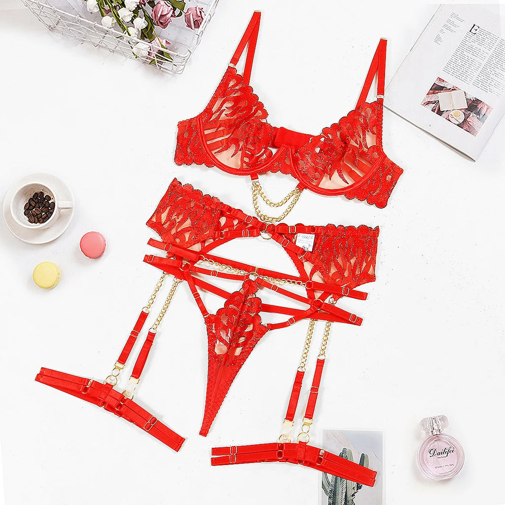 Ellolace Red Hot Sexy Lingerie Push Up Fantasy Underwear Brazilian Intimate Sets Transparent Lace Luxury Obsessive Outfits