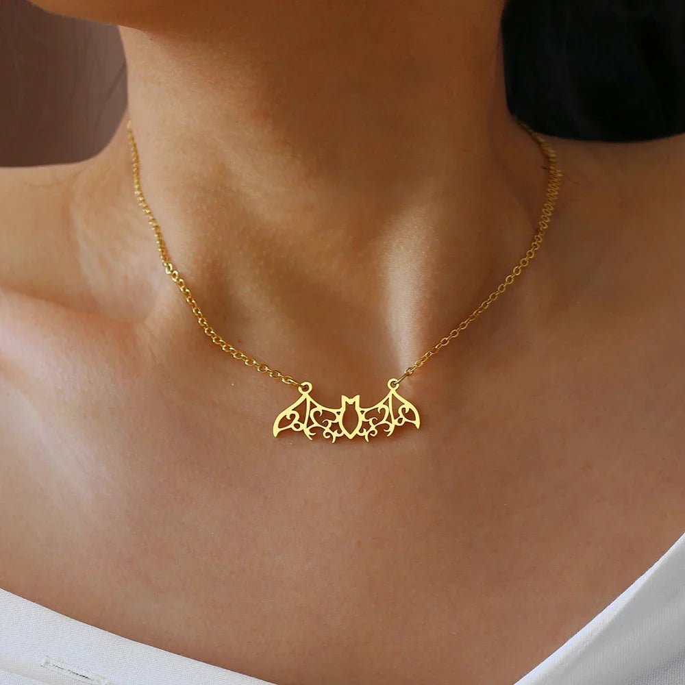 Stainless Steel Necklaces Hollow Bat Gothic Pendant Chain Collar Hip Hop Charm Fashion Necklace For Women Jewelry Party Men Gift