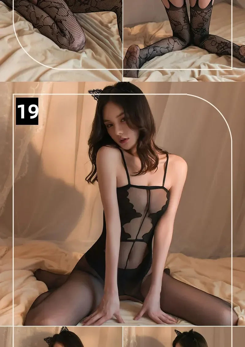 Transparent Fishnet Women Bodystockings Sexy Lingerie Open Crotch Hot Bodysuit Erotic Crotchless Sling Black Exotic Costumes