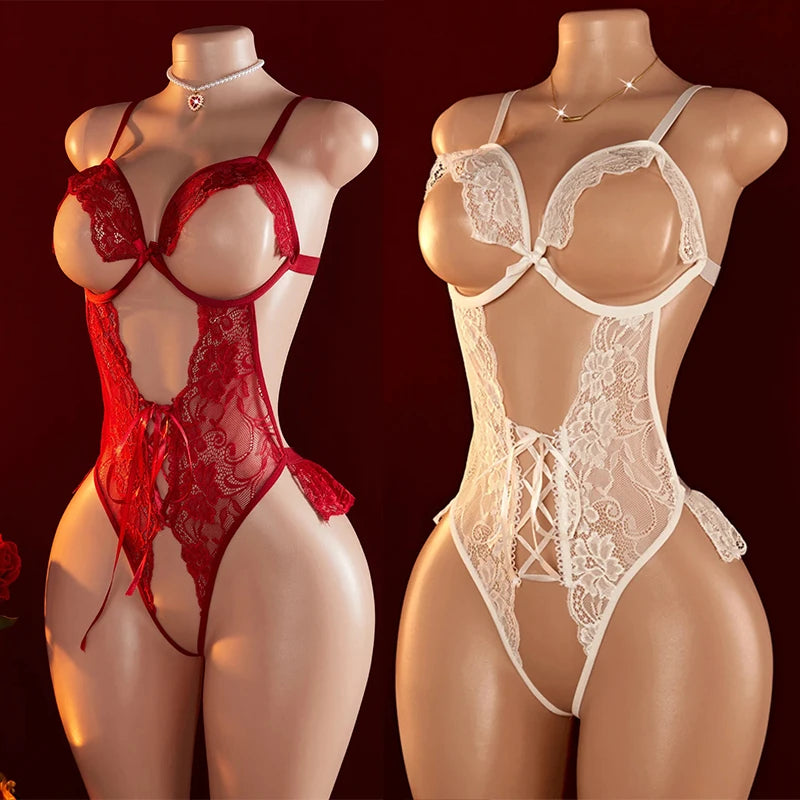 White Red Sexy Lace Underwear Erotic Hollow Bra Set Women Crotchless Bodysuit Transparent Deep V Open Bra Lingerie Set