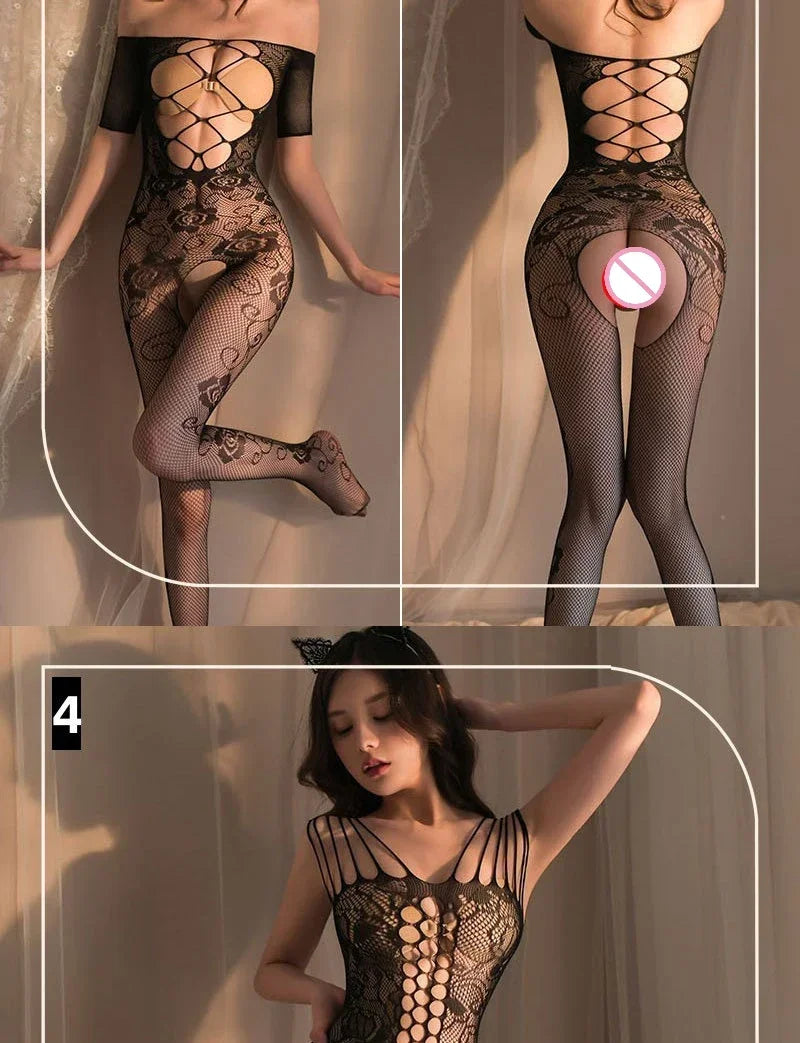 Transparent Fishnet Women Bodystockings Sexy Lingerie Open Crotch Hot Bodysuit Erotic Crotchless Sling Black Exotic Costumes