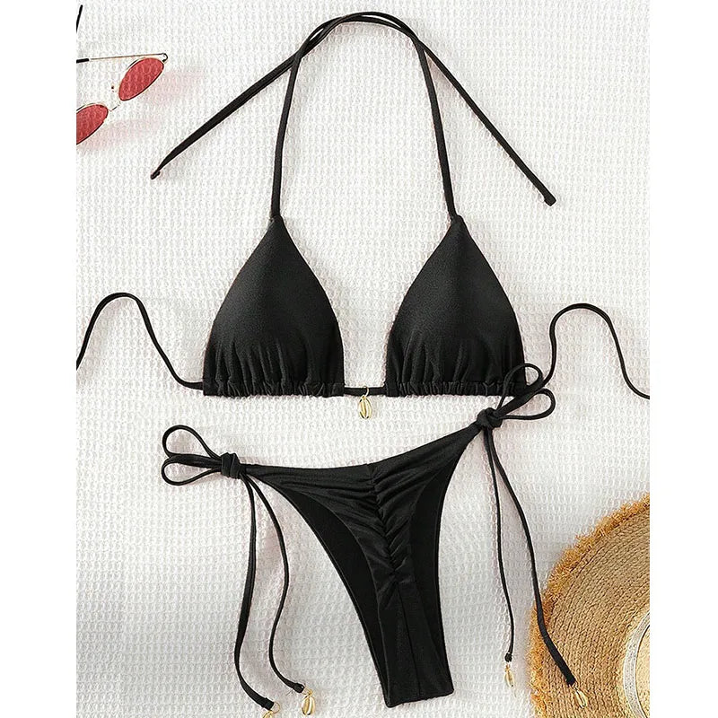 2 Pcs/Set Bikini Set Sexy Bikinis 2025 Bathing Suit Solid Color Halter Neck Strap Thong Women Swimsuit Set for Beach Swimwear