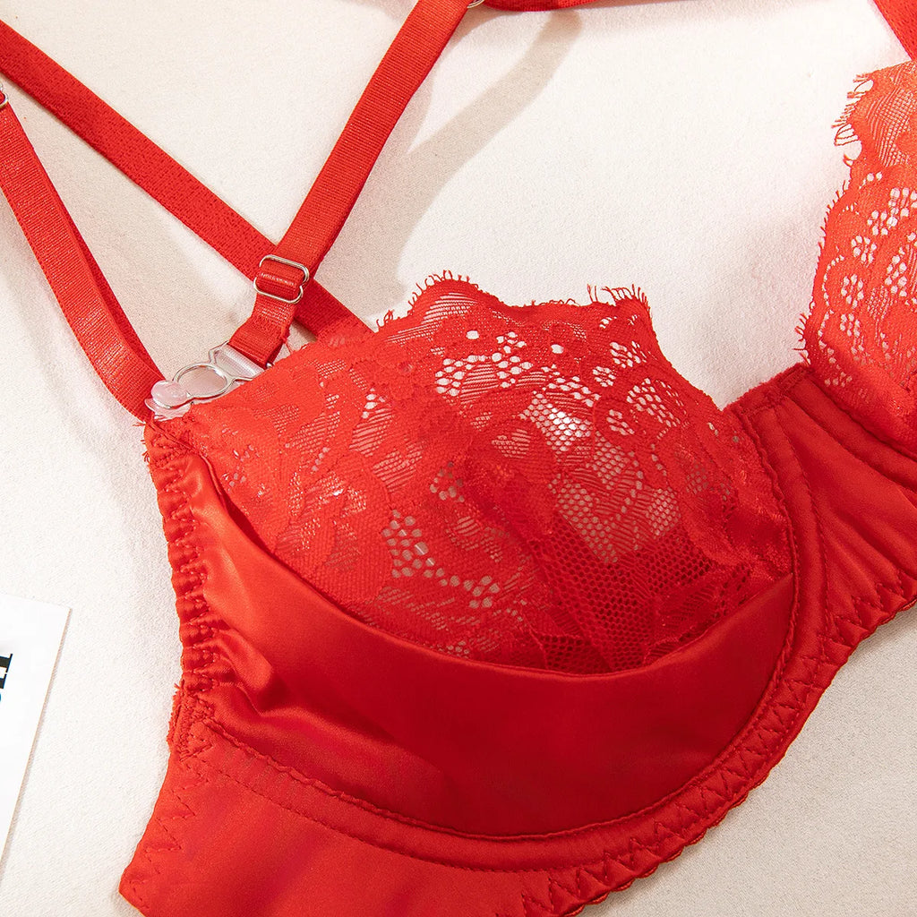 Ellolace Lace Lingeries Sexy Hot Halter Bra Heart g-String Thongs Sissy Erotic Garter Ensemble Exotic Sets Romantic Underwear