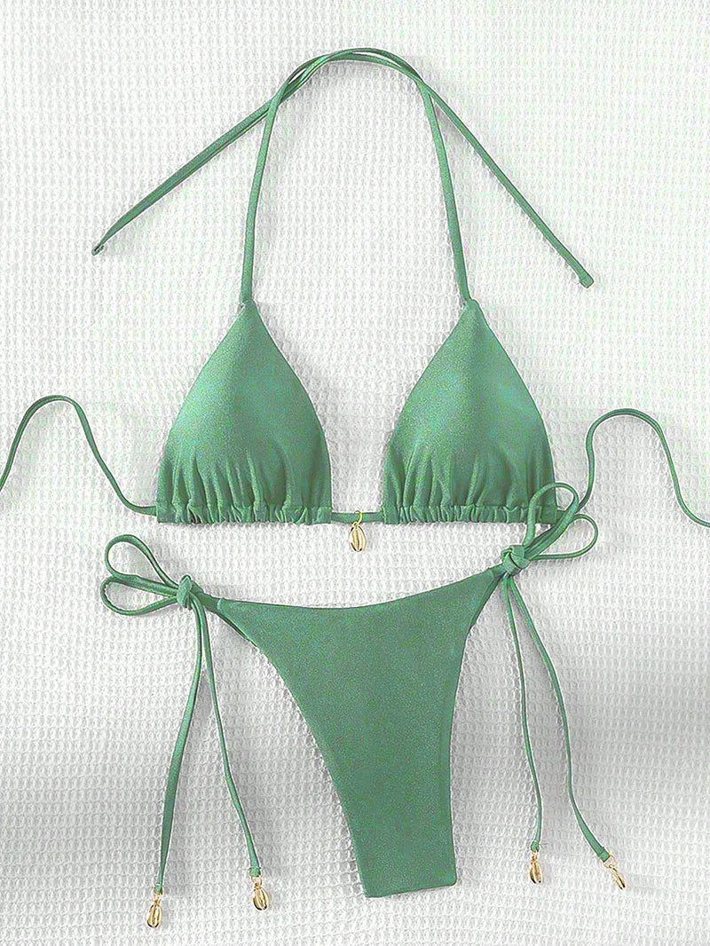 2 Pcs/Set Bikini Set Sexy Bikinis 2025 Bathing Suit Solid Color Halter Neck Strap Thong Women Swimsuit Set for Beach Swimwear