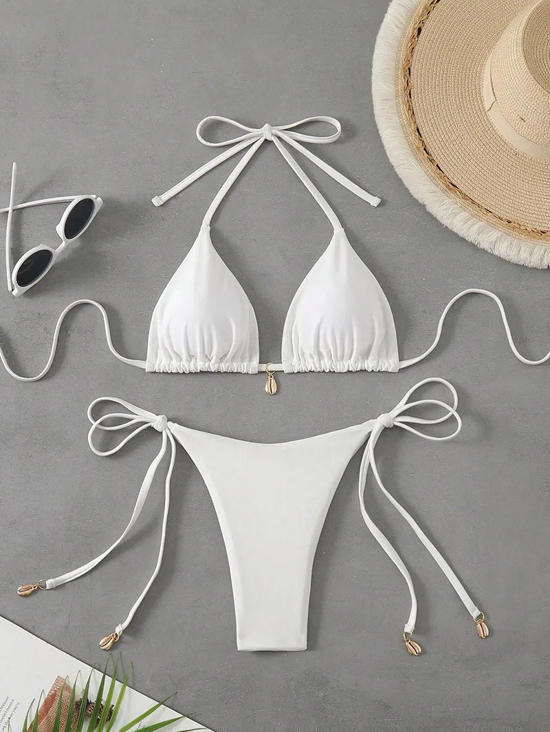 2 Pcs/Set Bikini Set Sexy Bikinis 2025 Bathing Suit Solid Color Halter Neck Strap Thong Women Swimsuit Set for Beach Swimwear