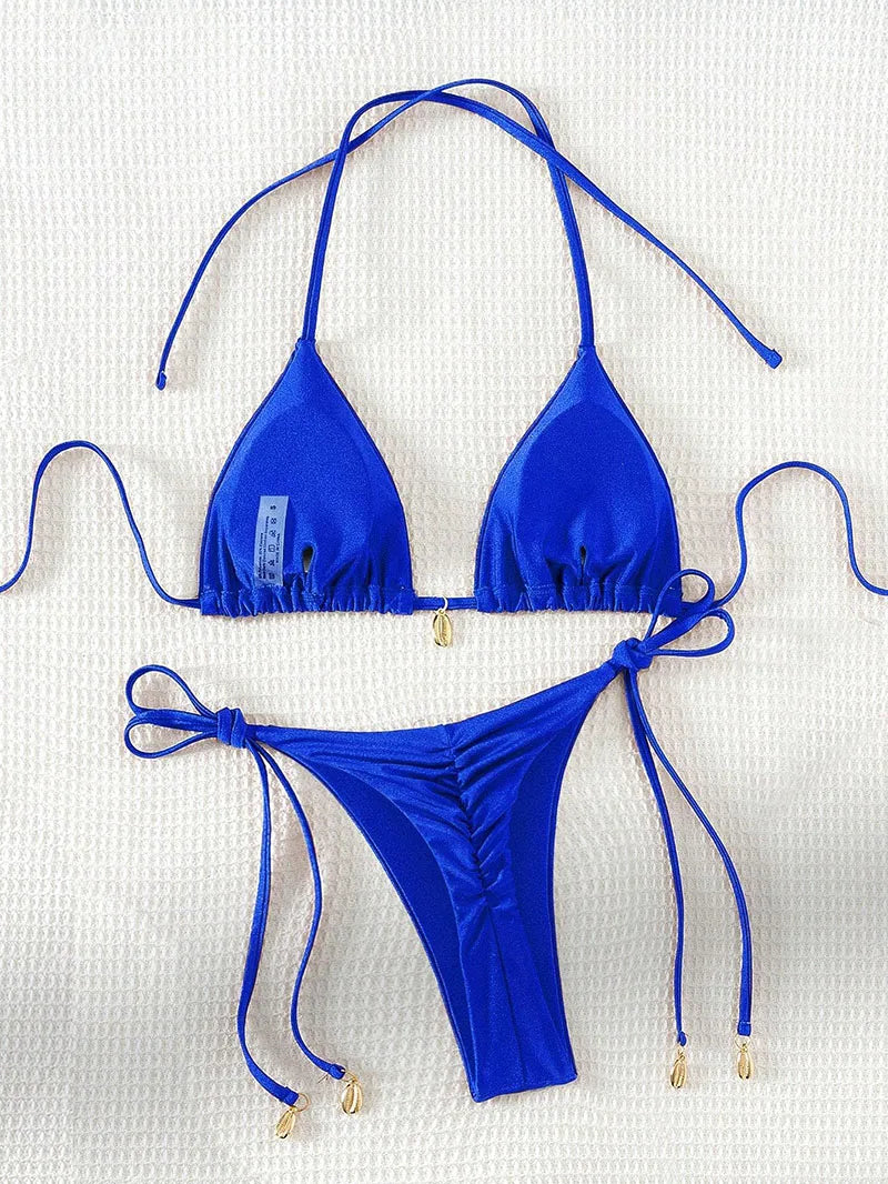 2 Pcs/Set Bikini Set Sexy Bikinis 2025 Bathing Suit Solid Color Halter Neck Strap Thong Women Swimsuit Set for Beach Swimwear