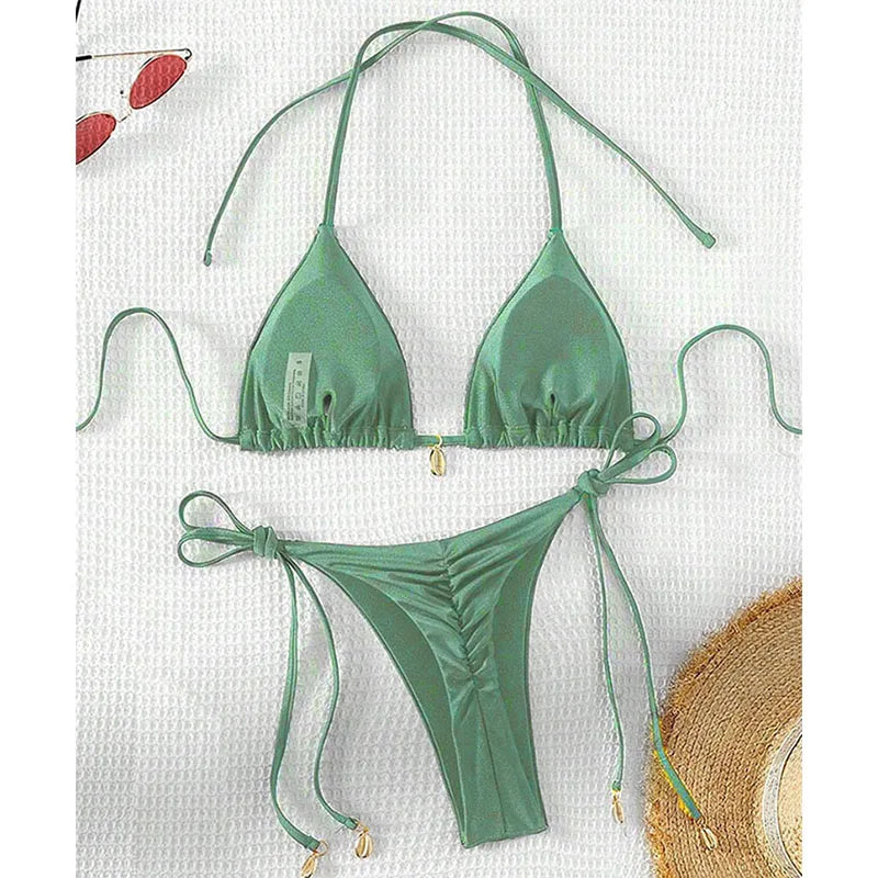 2 Pcs/Set Bikini Set Sexy Bikinis 2025 Bathing Suit Solid Color Halter Neck Strap Thong Women Swimsuit Set for Beach Swimwear