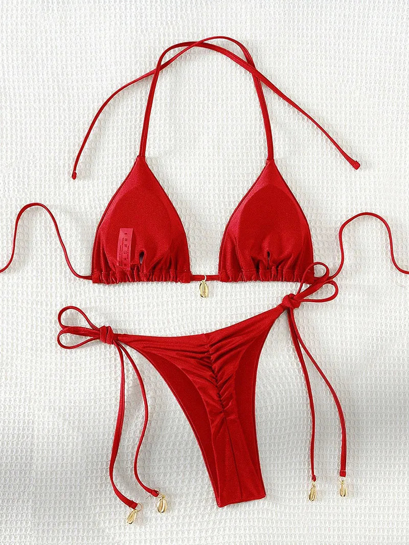 2 Pcs/Set Bikini Set Sexy Bikinis 2025 Bathing Suit Solid Color Halter Neck Strap Thong Women Swimsuit Set for Beach Swimwear