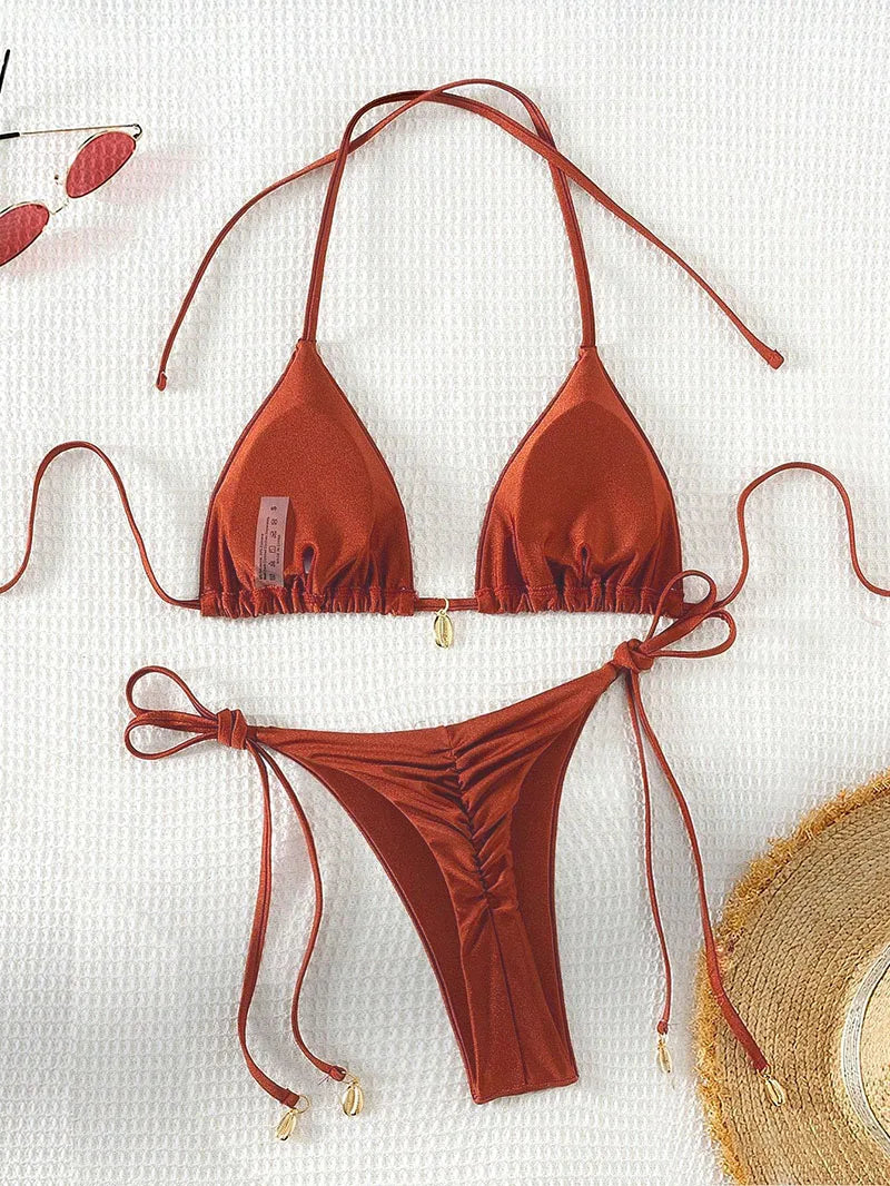 2 Pcs/Set Bikini Set Sexy Bikinis 2025 Bathing Suit Solid Color Halter Neck Strap Thong Women Swimsuit Set for Beach Swimwear