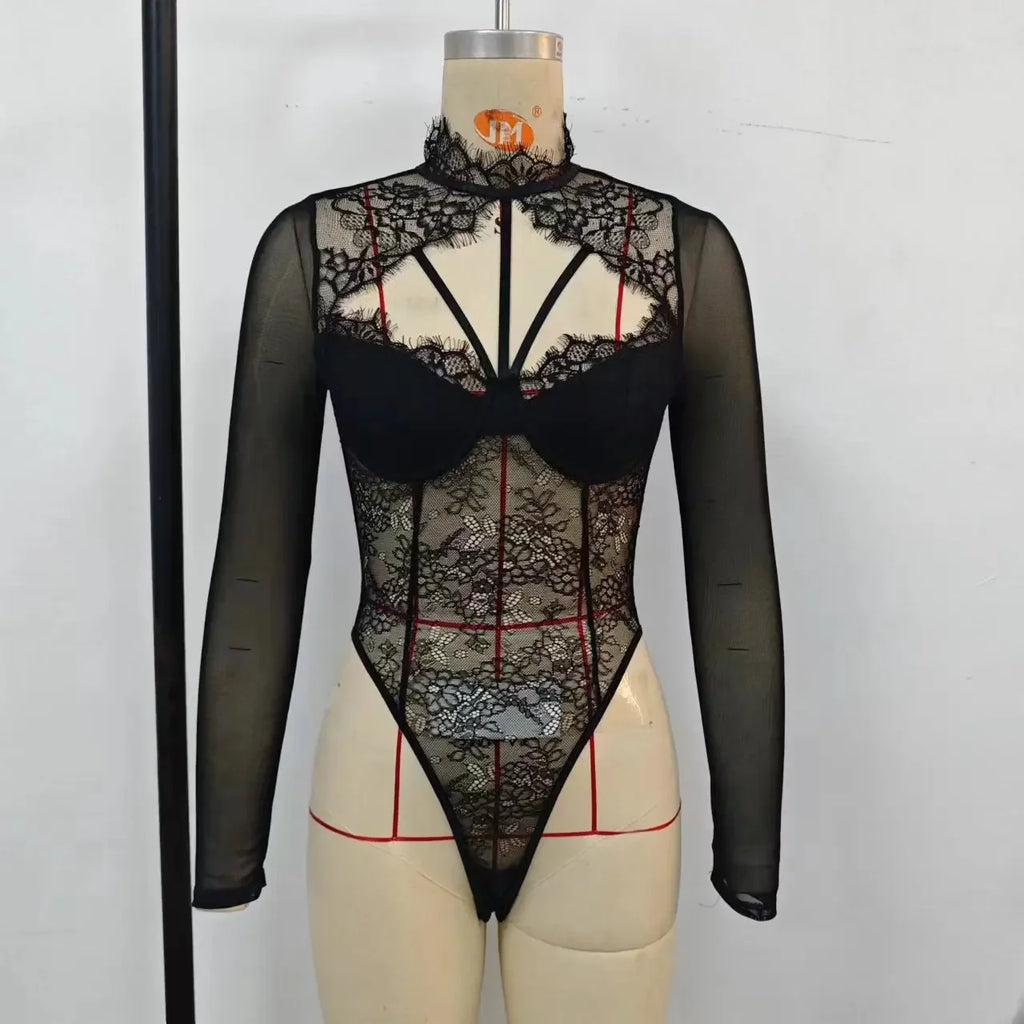 Sexy Inner Wearable European Style Lace Spliced Body Suit Detachable Chest Pad Fashionable Street Women's Shapewear