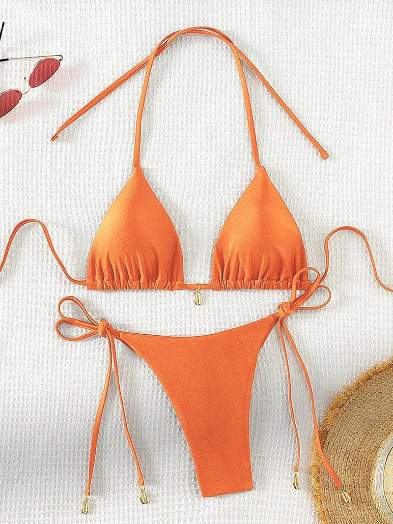 2 Pcs/Set Bikini Set Sexy Bikinis 2025 Bathing Suit Solid Color Halter Neck Strap Thong Women Swimsuit Set for Beach Swimwear