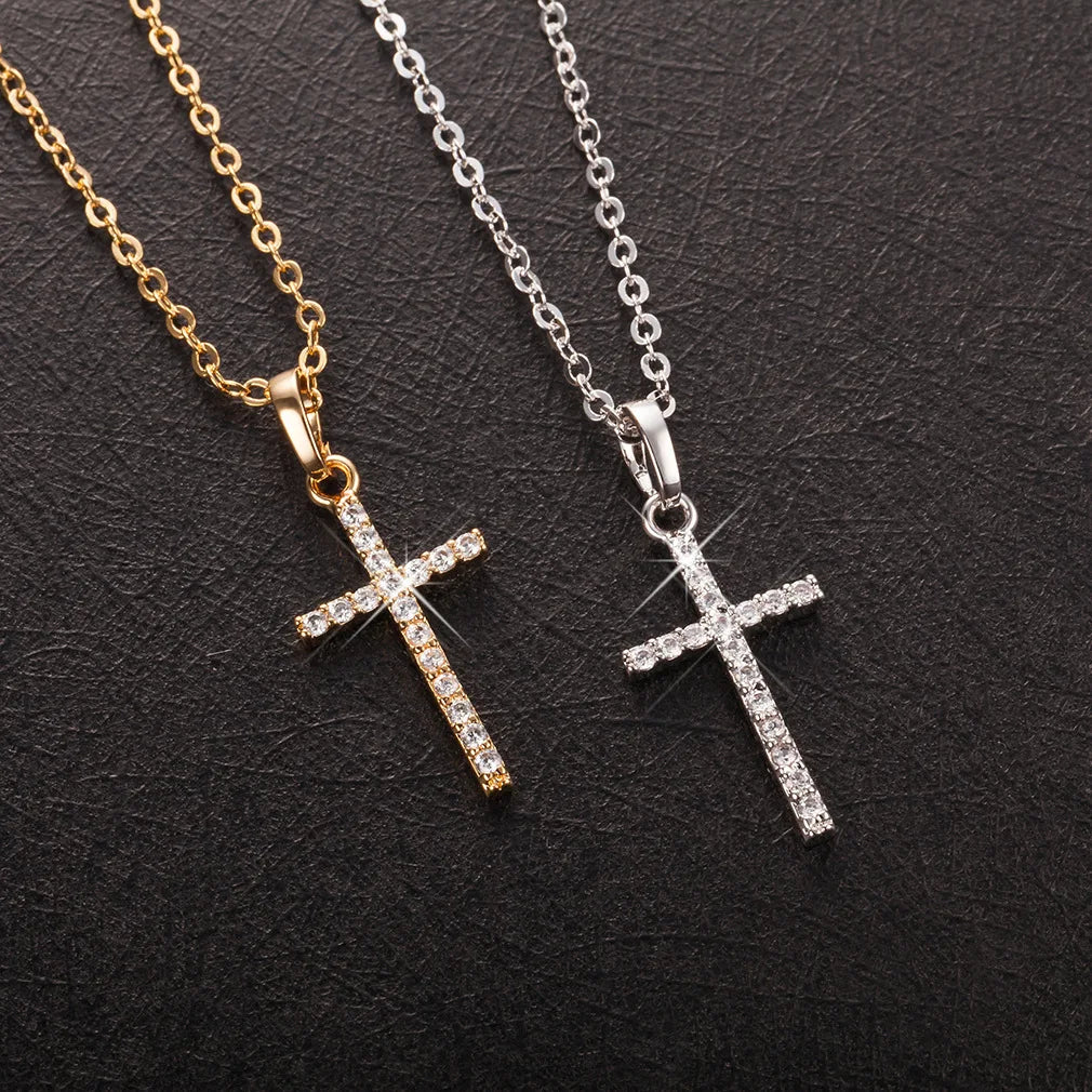 New Crystal Christian Jesus Cross Pendant Necklaces Women Fashion Gold Silver Color Clavicle Chain Necklace Collar Jewelry Gift