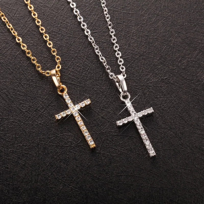New Crystal Christian Jesus Cross Pendant Necklaces Women Fashion Gold Silver Color Clavicle Chain Necklace Collar Jewelry Gift