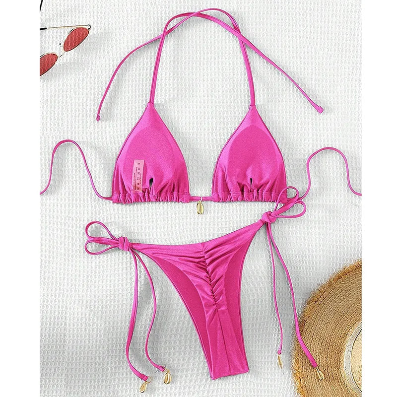 2 Pcs/Set Bikini Set Sexy Bikinis 2025 Bathing Suit Solid Color Halter Neck Strap Thong Women Swimsuit Set for Beach Swimwear