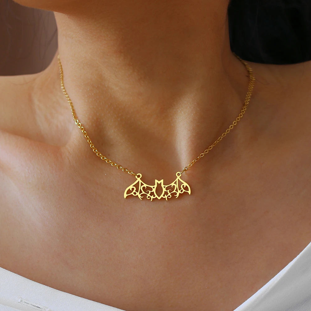 Stainless Steel Necklaces Hollow Bat Gothic Pendant Chain Collar Hip Hop Charm Fashion Necklace For Women Jewelry Party Men Gift