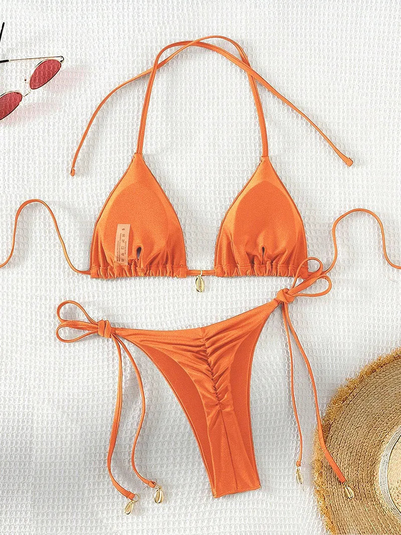 2 Pcs/Set Bikini Set Sexy Bikinis 2025 Bathing Suit Solid Color Halter Neck Strap Thong Women Swimsuit Set for Beach Swimwear