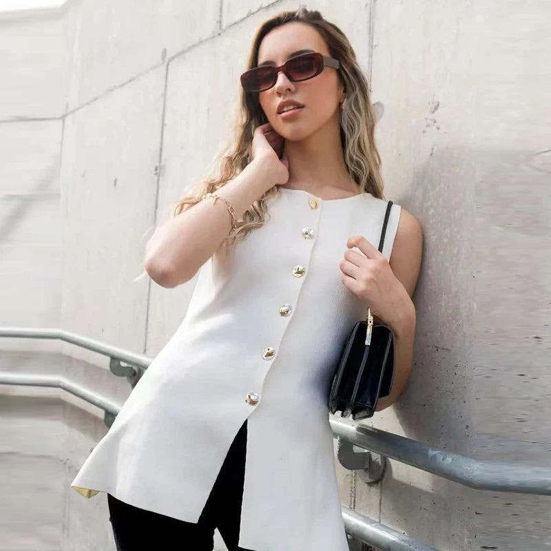 HXAO 2025 Women's Off White Knit Vest Cardigan Button Up Long Outerwears Sleeveless Vest Women Ladies Fashion Elegant Vest Women