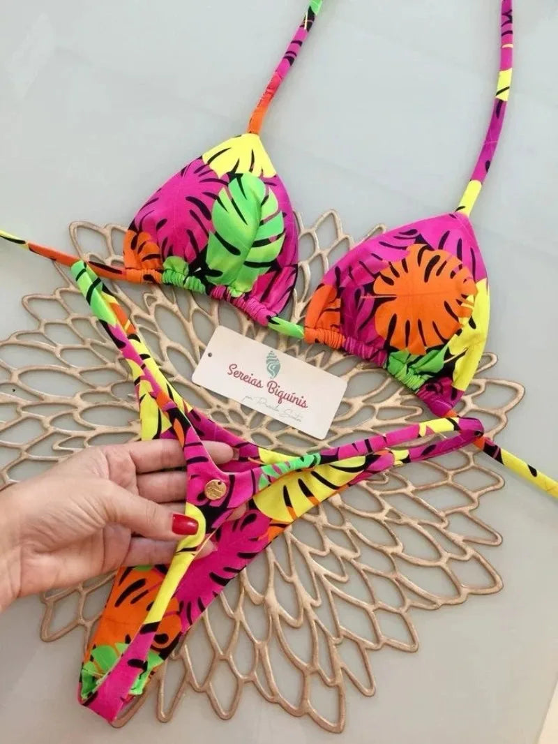 Print Sexy Bikini Sets Halter Lace-up Tops Thongs Beach Style Bathing Suit Y2k Swimsuits Women Beachwear Купальник Женский 2025