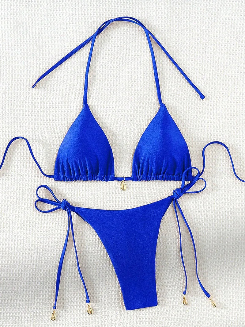 2 Pcs/Set Bikini Set Sexy Bikinis 2025 Bathing Suit Solid Color Halter Neck Strap Thong Women Swimsuit Set for Beach Swimwear