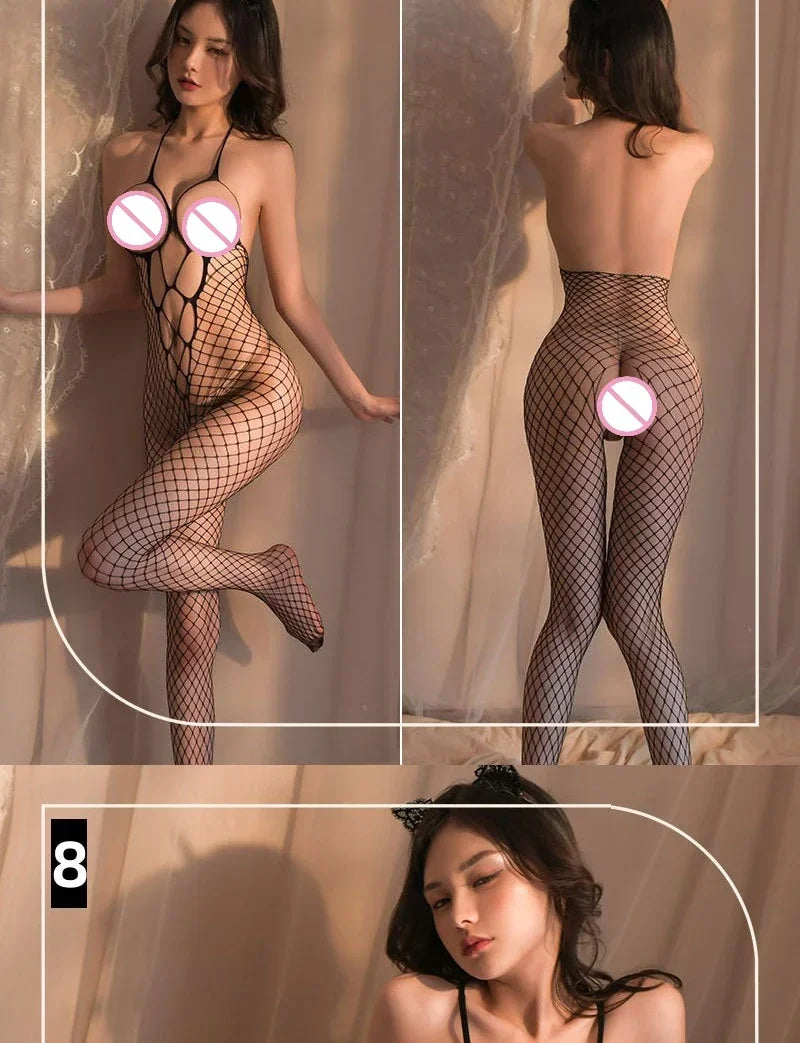 Transparent Fishnet Women Bodystockings Sexy Lingerie Open Crotch Hot Bodysuit Erotic Crotchless Sling Black Exotic Costumes