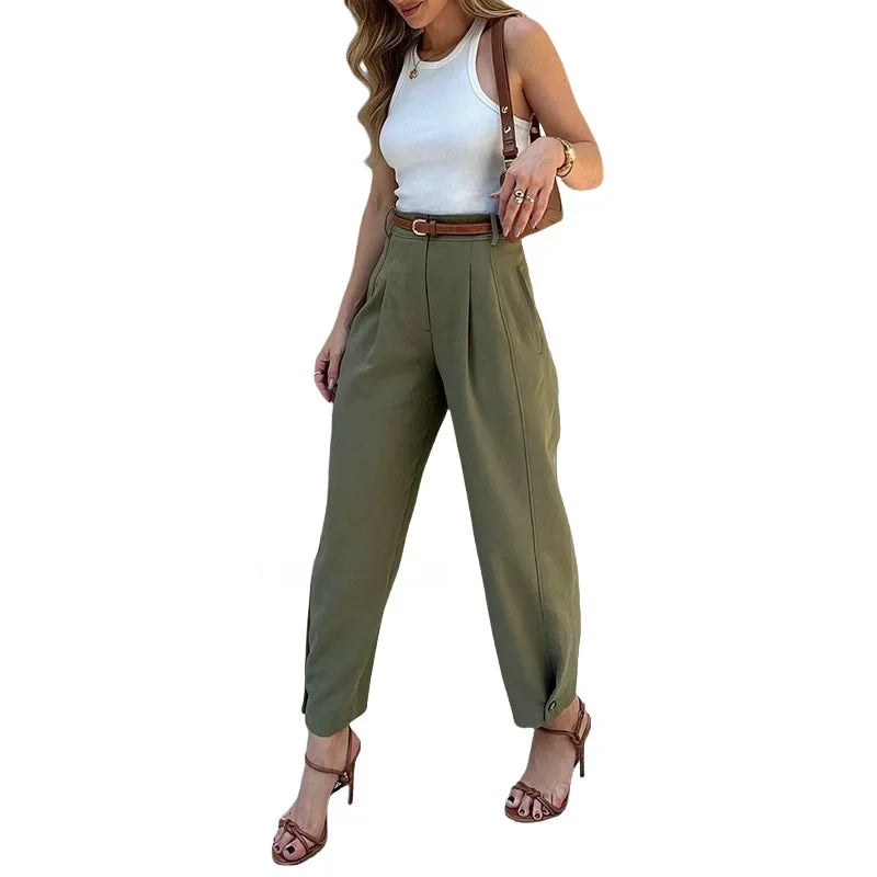 FD1541 Women's Fashionable Elegant Solid Color Loose-Fit High-Waisted Nine-Point Suit Pants New Arrival Spring Autumn 2024