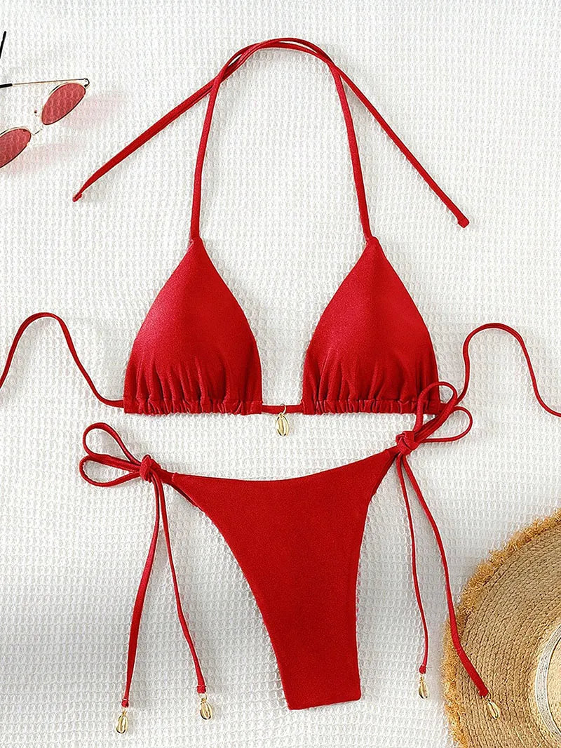 2 Pcs/Set Bikini Set Sexy Bikinis 2025 Bathing Suit Solid Color Halter Neck Strap Thong Women Swimsuit Set for Beach Swimwear