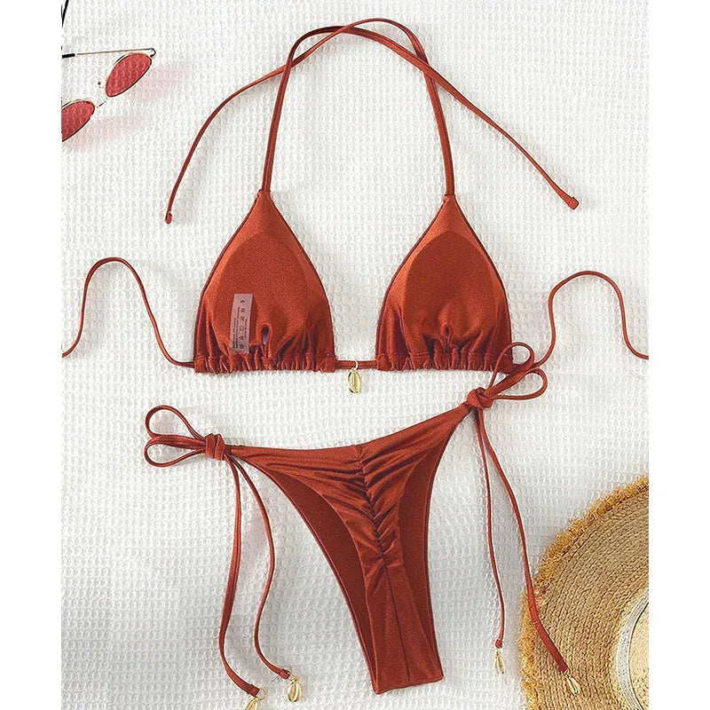 2 Pcs/Set Bikini Set Sexy Bikinis 2025 Bathing Suit Solid Color Halter Neck Strap Thong Women Swimsuit Set for Beach Swimwear