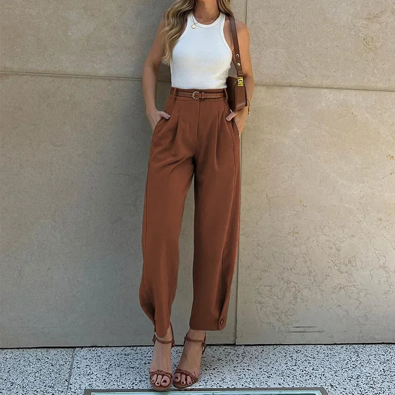 FD1541 Women's Fashionable Elegant Solid Color Loose-Fit High-Waisted Nine-Point Suit Pants New Arrival Spring Autumn 2024