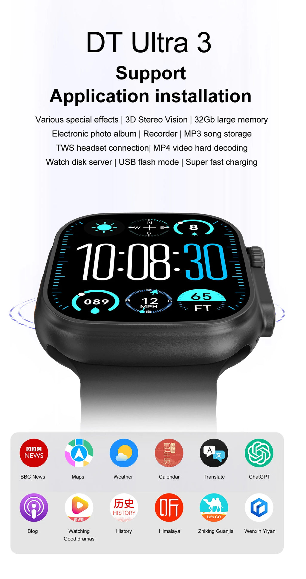 DT Ultra 3 Smartwatch Amoled Screen 4GB MP3 MP4 Player Bluetooth Network Sharing APP Store ChatGPT Smart AI Watch Man Sportwatch