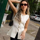 HXAO 2025 Women's Off White Knit Vest Cardigan Button Up Long Outerwears Sleeveless Vest Women Ladies Fashion Elegant Vest Women