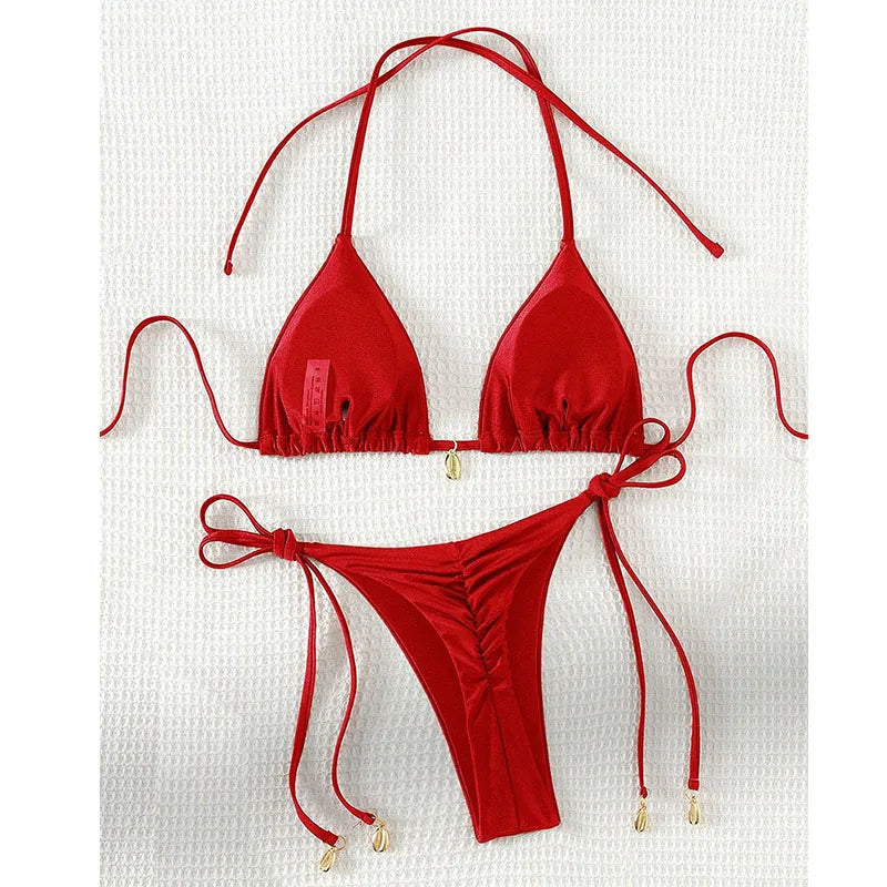 2 Pcs/Set Bikini Set Sexy Bikinis 2025 Bathing Suit Solid Color Halter Neck Strap Thong Women Swimsuit Set for Beach Swimwear