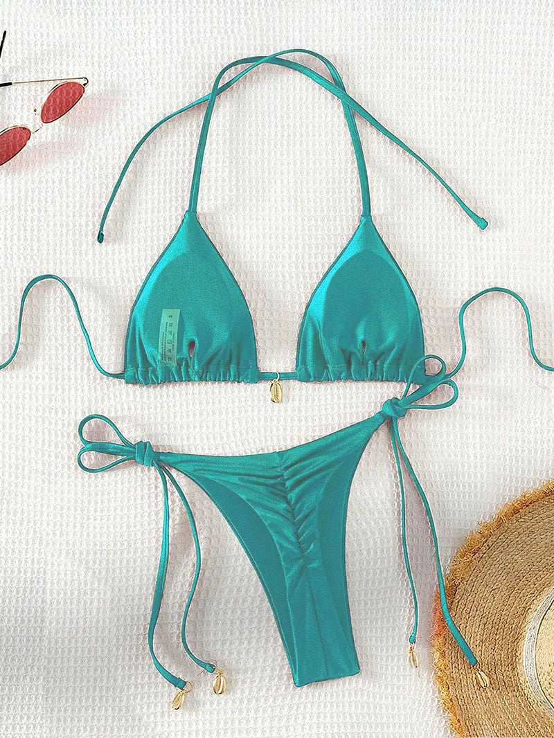 2 Pcs/Set Bikini Set Sexy Bikinis 2025 Bathing Suit Solid Color Halter Neck Strap Thong Women Swimsuit Set for Beach Swimwear