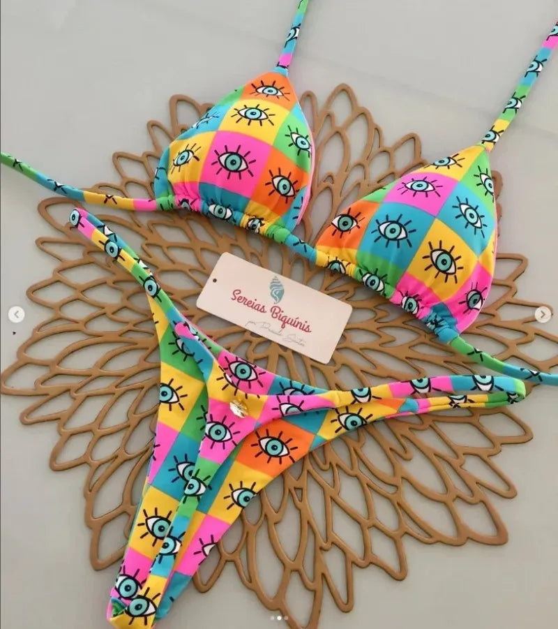 Print Sexy Bikini Sets Halter Lace-up Tops Thongs Beach Style Bathing Suit Y2k Swimsuits Women Beachwear Купальник Женский 2025